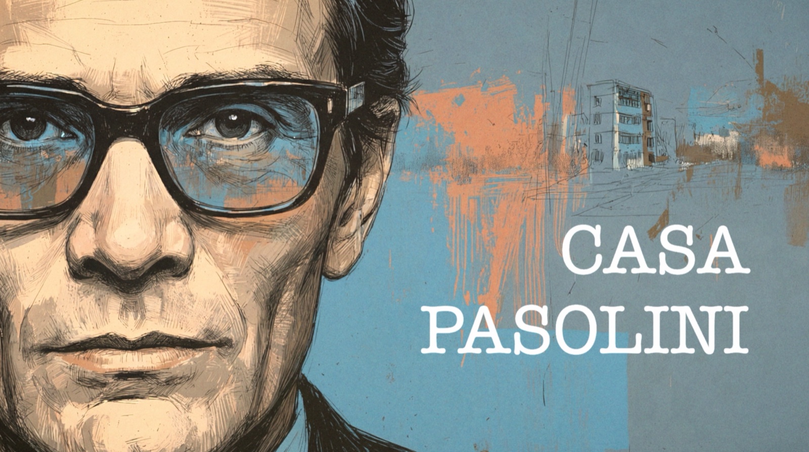 La grafica del podcast Casa Pasolini con il ritratto illustrato di Pier Paolo Pasolini